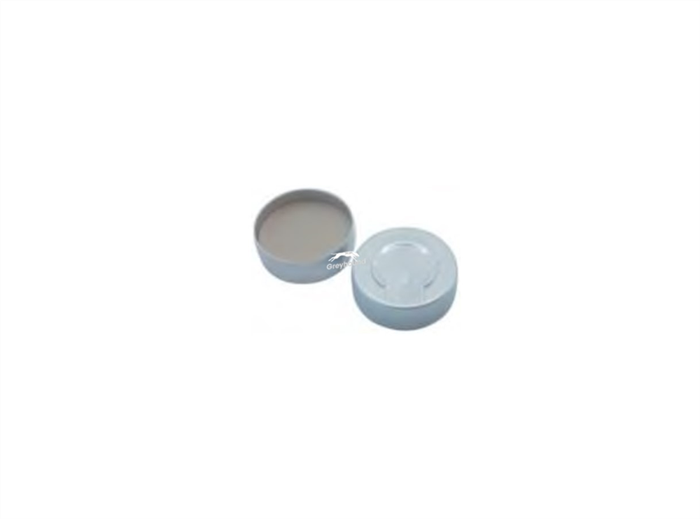 Picture of 20mm Aluminium Complete Tear Off Crimp Cap (Silver), with Pre-fitted Beige PTFE/White Silicone Septa, 3mm, (Shore A 45)